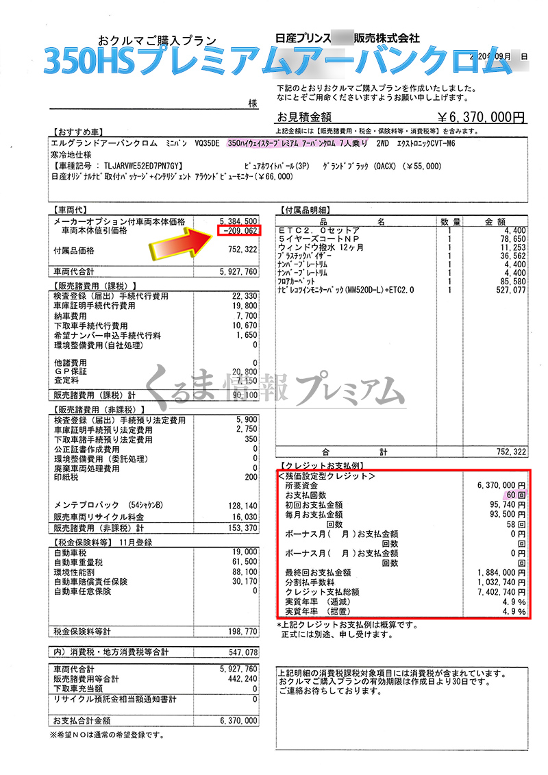 エルグランドの値引き最大額は？日産新型エルグランドの見積書＆目標 